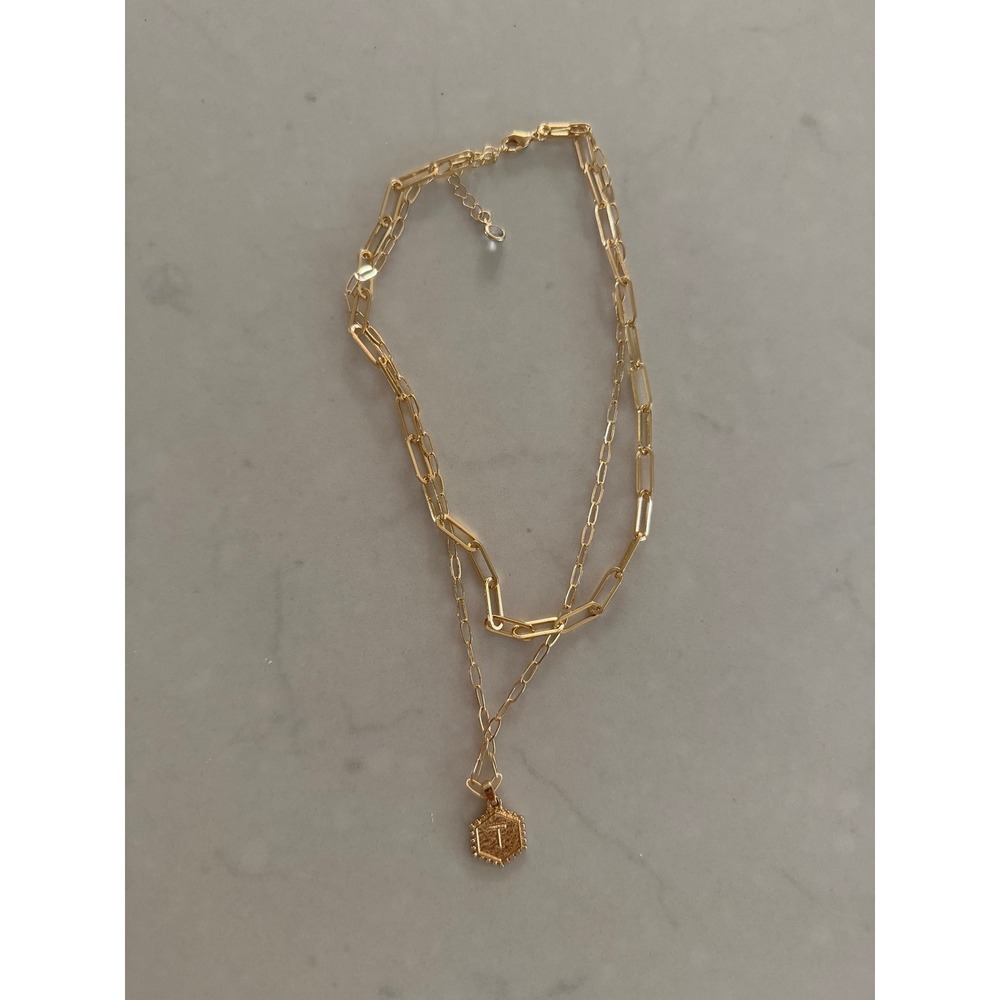 Gold Layered Paperclip Chain Necklace Hexagon Initial T Pendant New